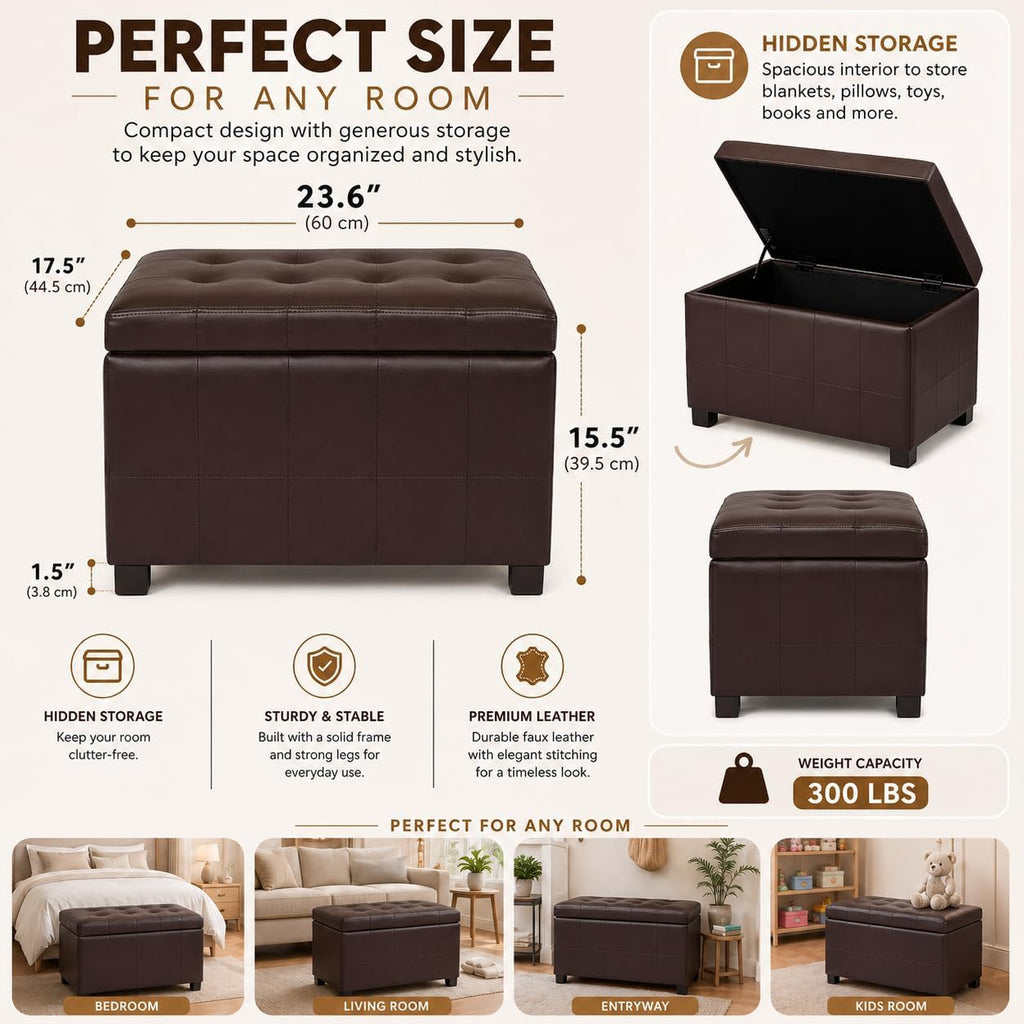 Upholstered Storage Ottoman with Hinged Lid, 23.6-Inch Faux Leather Tufted Cube Ottoman for the Living Room and Bedroom, Coffee Brown