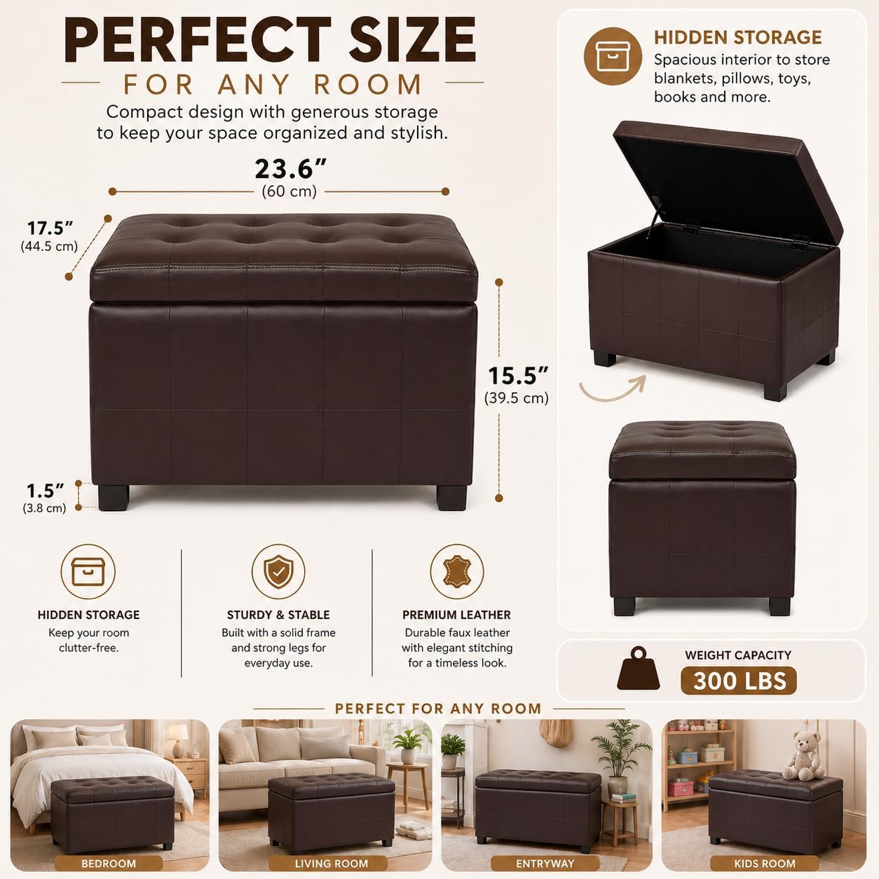 Upholstered Storage Ottoman with Hinged Lid, 23.6-Inch Faux Leather Tufted Cube Ottoman for the Living Room and Bedroom, Coffee Brown