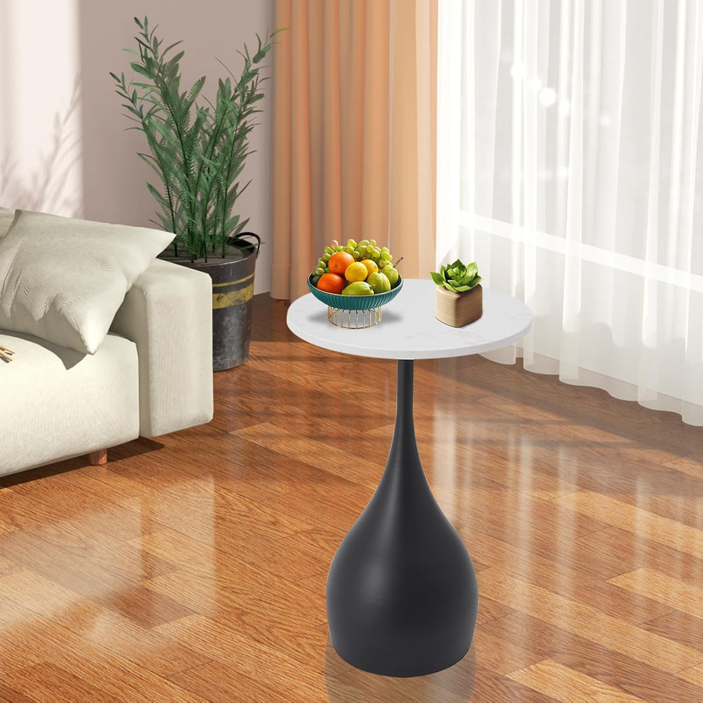 14'' Round End Table for Living Room, Faux Marble Top Nightstands Modern Sofa Side Table Accent BedsideTable with Anti-Slip Pads Ideal for Living Room Bedroom Small Spaces (White Black)