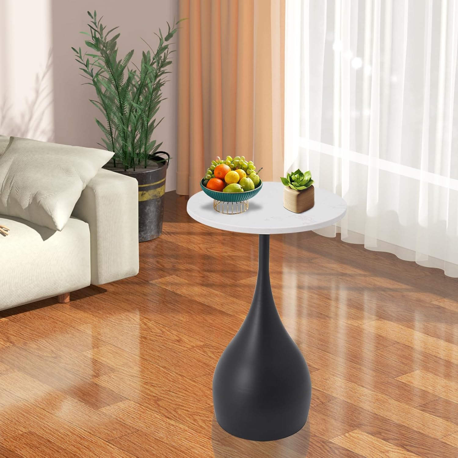 14'' Round End Table for Living Room, Faux Marble Top Nightstands Modern Sofa Side Table Accent BedsideTable with Anti-Slip Pads Ideal for Living Room Bedroom Small Spaces (White Black)