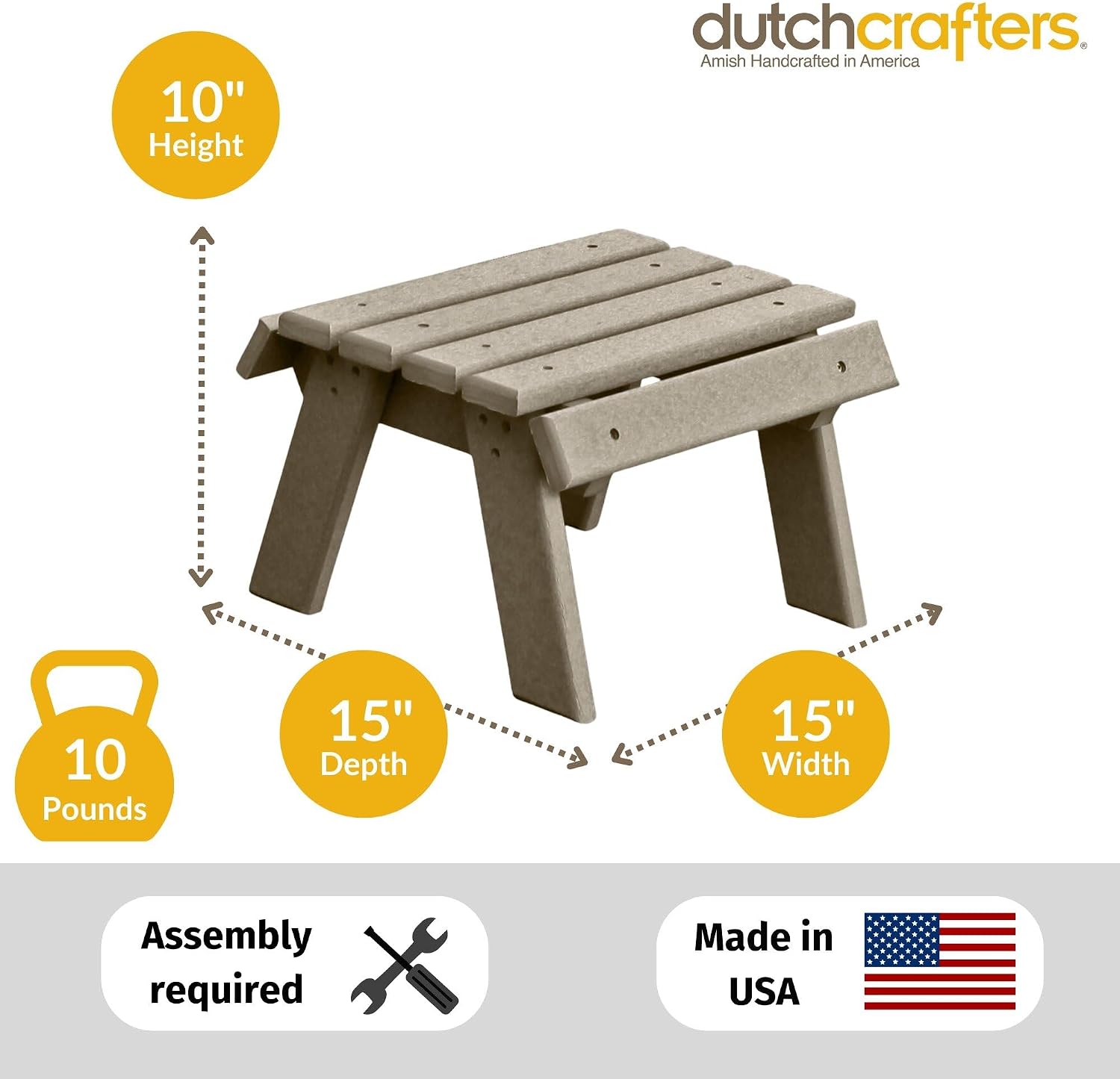 DutchCrafters Poly Outdoor Footstool - Amish Made Outdoor Furniture, Earth-Friendly, Recycled Plastic Patio & Balcony Furniture, Smooth & Durable, Stainless Steel Hardware, Easy Assembly (Gray)