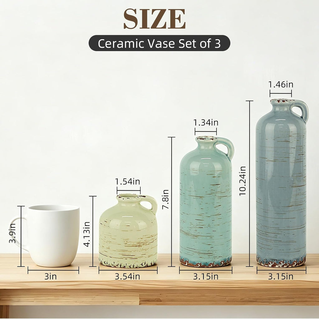 TBWIND Ceramic Vases Set of 3, Neutral Rustic Flower Vases with Handle for Modern Farmhouse Home Decor, Small Decorative Vases for Table Bookshelf Mantel Kitchen Living Room Bedroom - Morandi