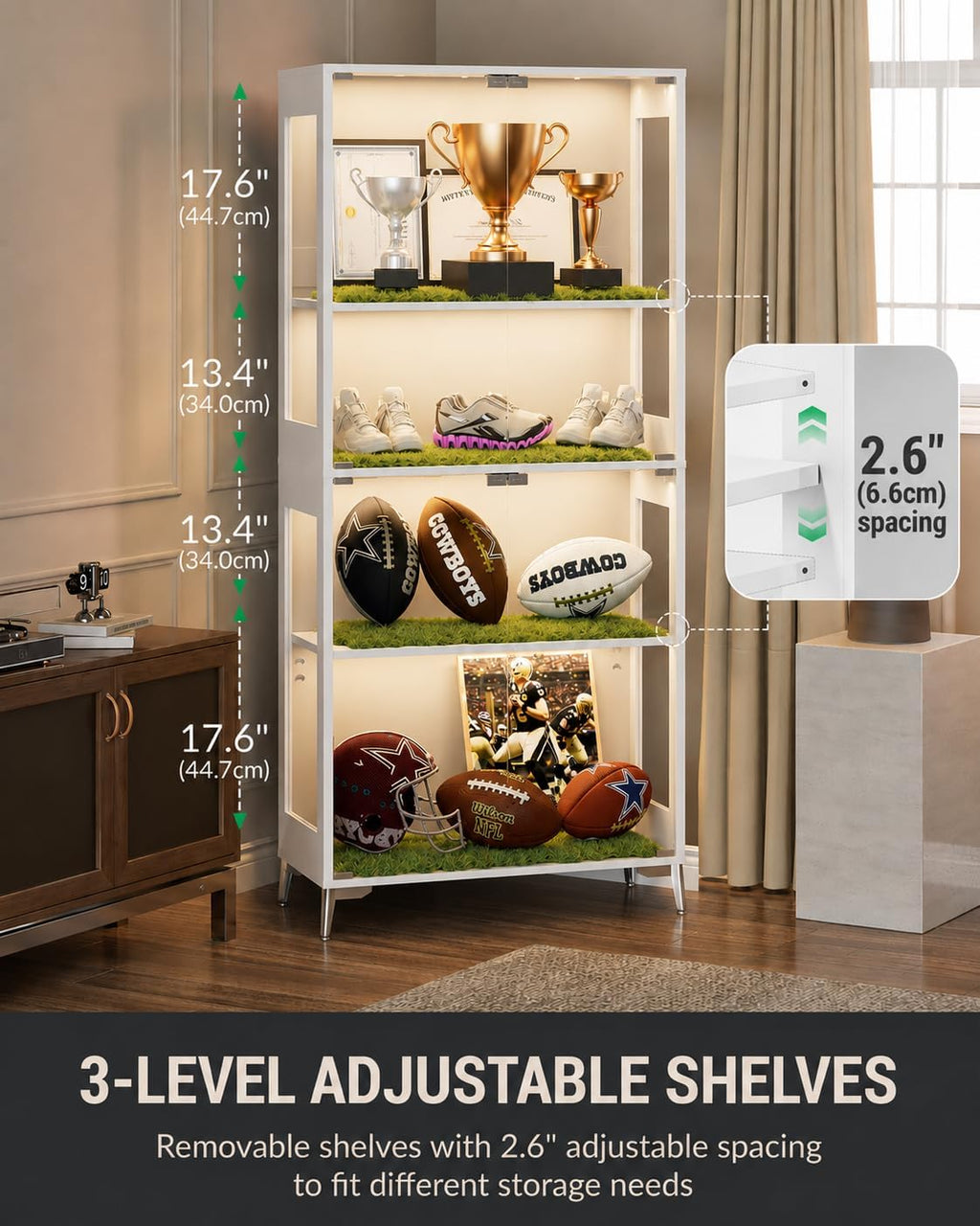 Display Cabinet with Glass Doors, 4-Tier Curio Cabinet, Adjustable Shelves, 60,000 Color Lights for Collectibles, Glass Display Case with App & Remote Control, Bookcase, Storage Cabinet, White