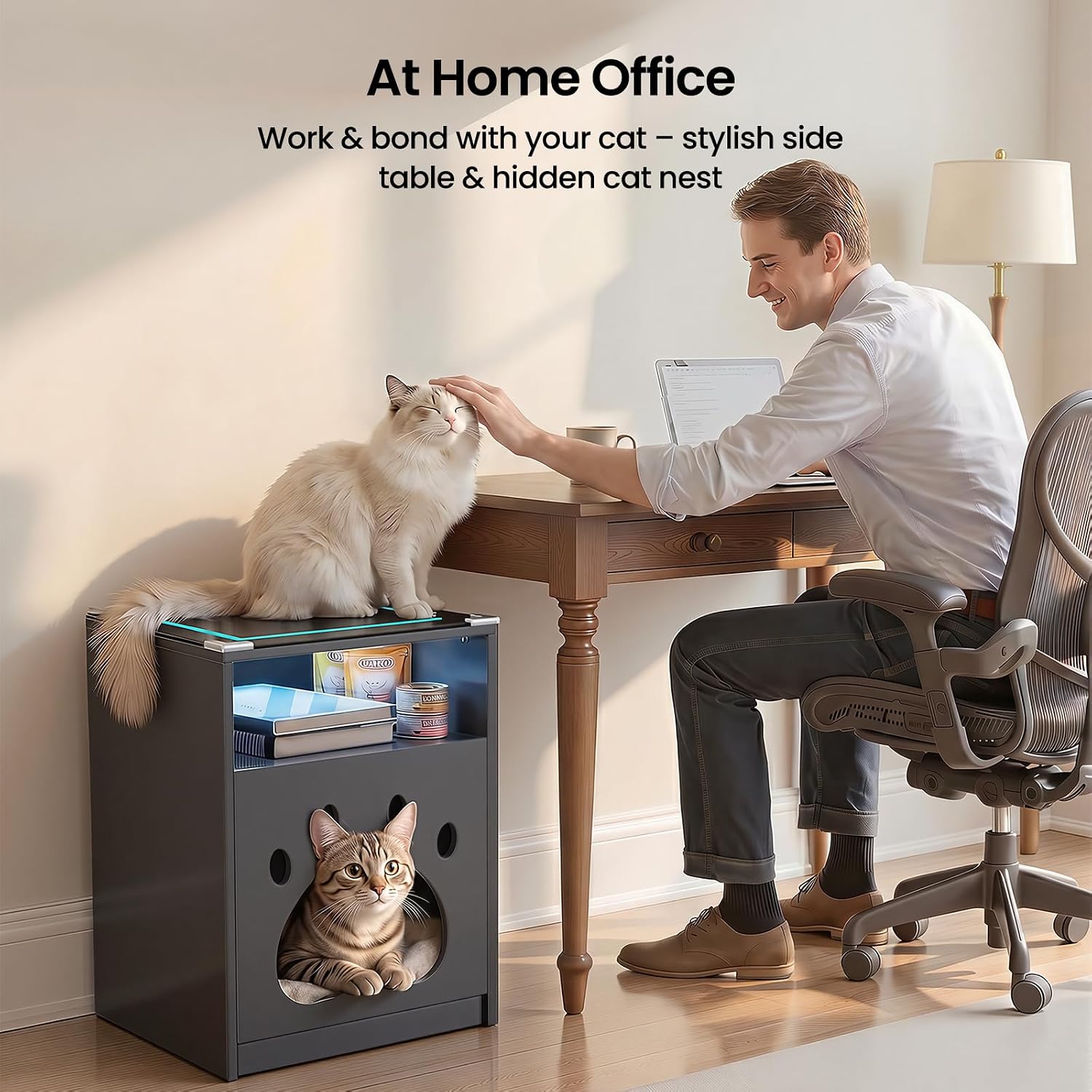 Cat House Night Cabinet with Charging Station & LED Lights, Modern Wooden Night Stand with Cozy Hidden Cat Condo, Dark Grey End Cabinet with Open Shelf, Home Accent Furniture