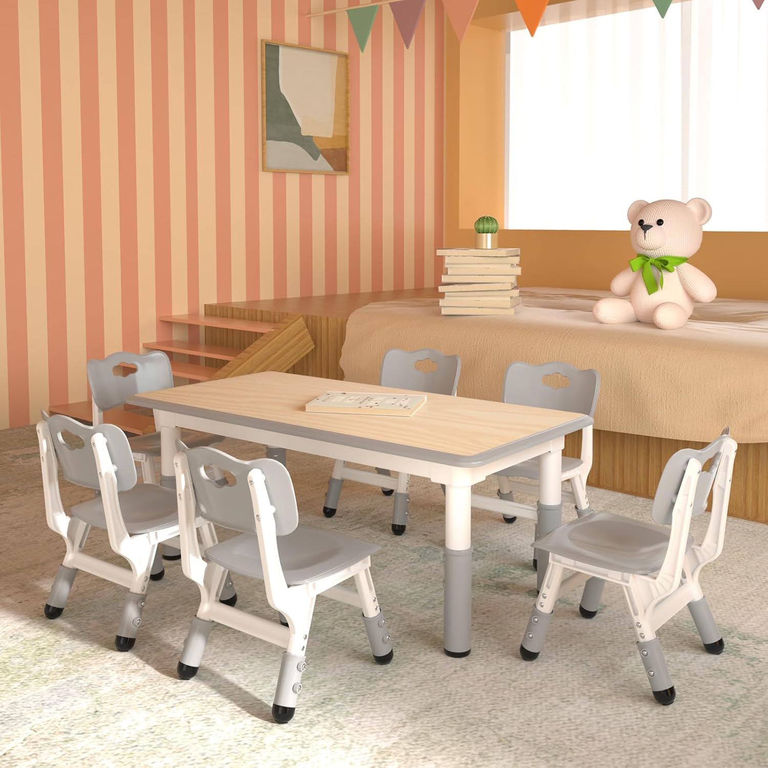 LulliSpace Kids Table and 6 Chairs Set，Height Adjustable Children Table & Chair，Toddlers Study Multi-Activity Table with 47.2"x23.6" Wipe-Clean Desktop，for Classrooms, Homes & Daycares