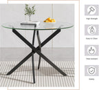 36" Round Glass Dining Table for 4, Circle Kitchen Table with Tempered Glass Top and Black Metal Cross Legs, Modern Small Glass Coffee Dinner Table for Kitchen Dining Room Apartment Office