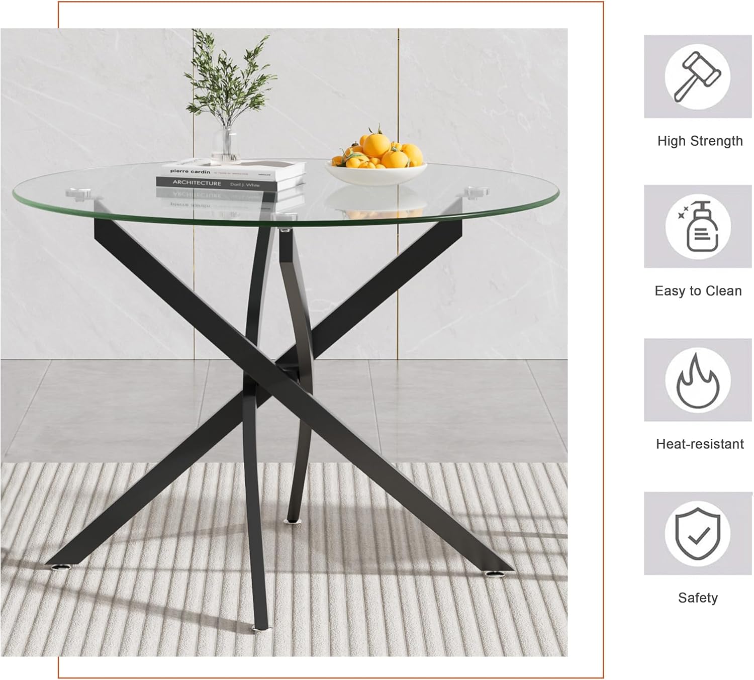 36" Round Glass Dining Table for 4, Circle Kitchen Table with Tempered Glass Top and Black Metal Cross Legs, Modern Small Glass Coffee Dinner Table for Kitchen Dining Room Apartment Office