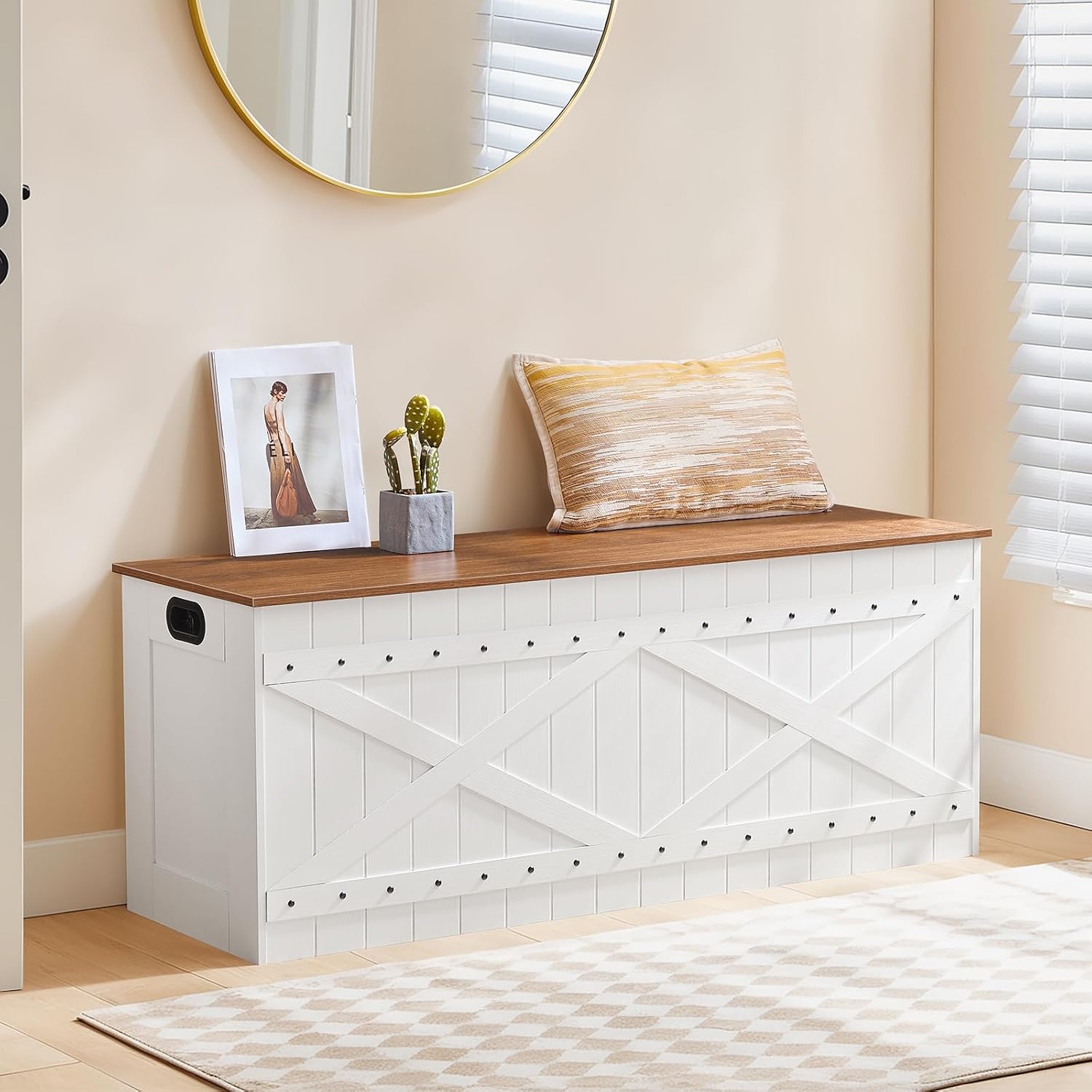 MAHANCRIS 47.2" Storage Chest, Extra Large Toy Box with 2 Safety Hinges, Wooden Toy Chest, Storage Bench with Rivets, Storage Trunk for Bedroom, Living Room, Entryway, White and Brown SCBZ18501