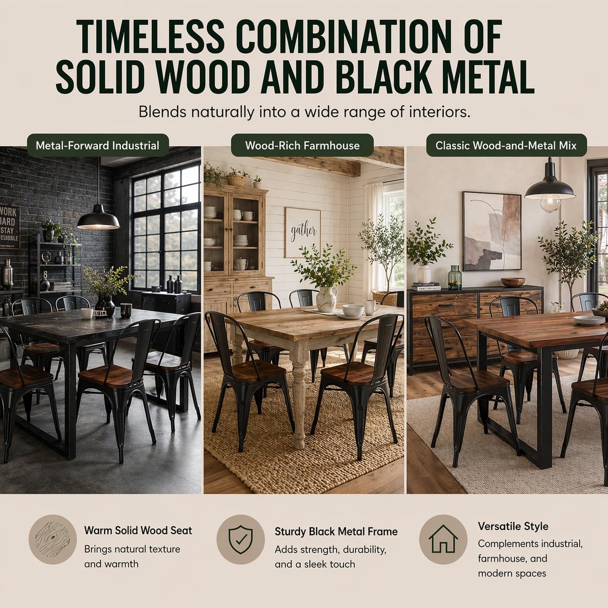 Black Metal Dining Chairs Set of 6 with Wood Seat, Stackable Metal Kitchen Chairs for Dining,Kitchen Room and Outdoor Patio
