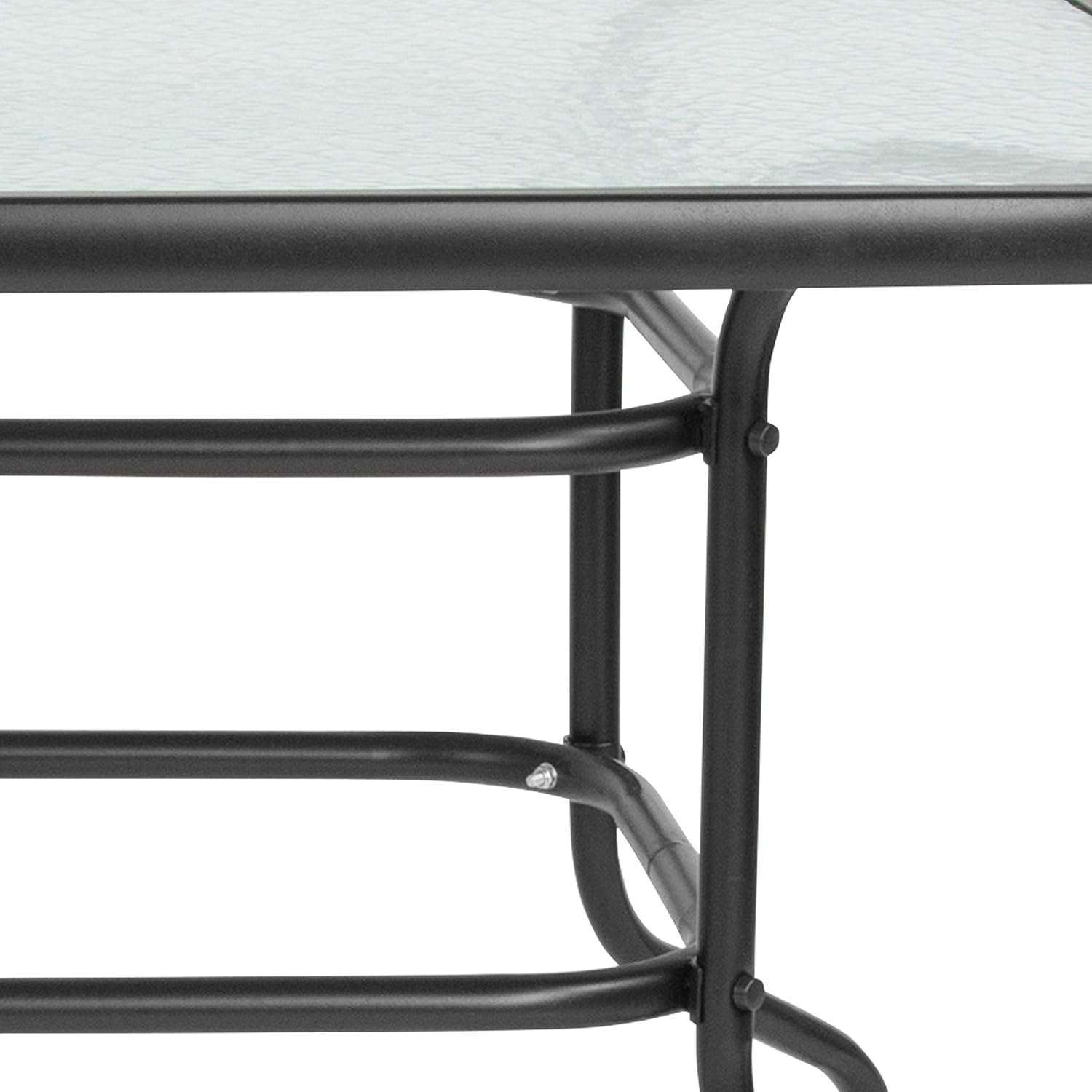 Flash Furniture Tory 31.5" x 55" Rectangular Tempered Glass Metal Patio Table with Umbrella Hole, Modern Rippled Glass Outdoor Dining Table, Black