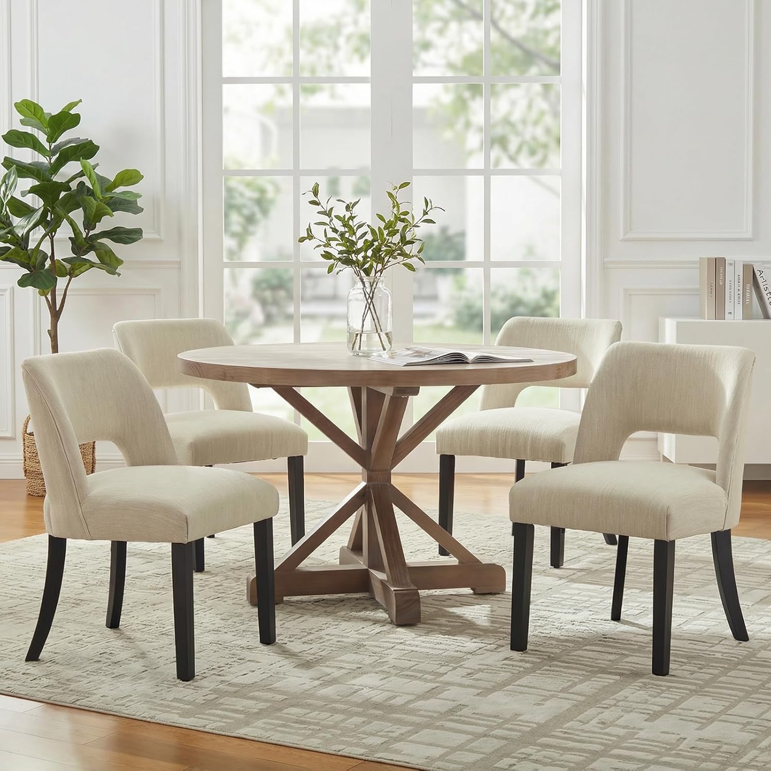 keoni Wooden Dining Chairs Set of 4, Mid Century Modern Upholstered Dining Room Chairs with Black Wood Legs, Fabric Farmhouse Kitchen Chairs with Foot Pegs for Dining Room, Beige