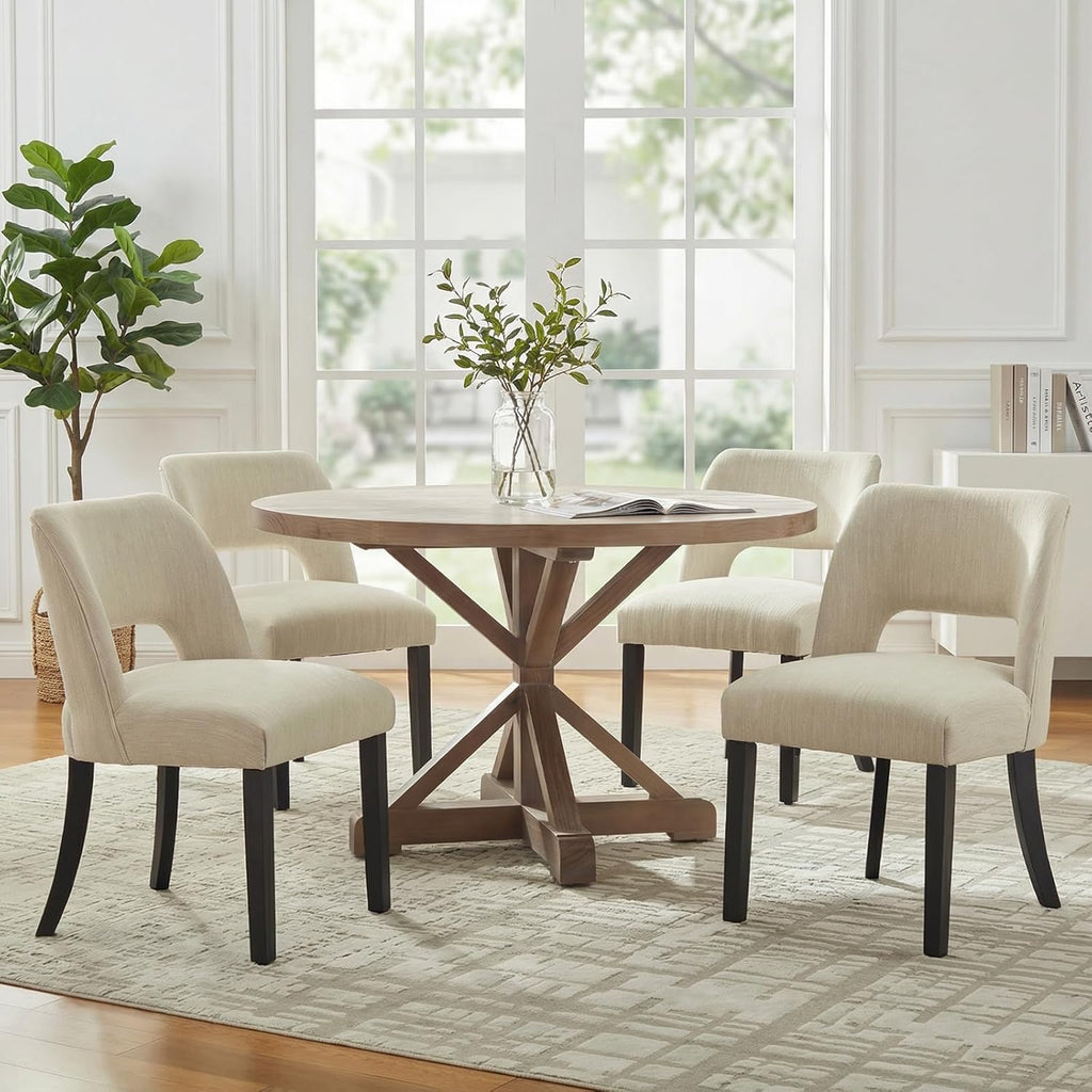 keoni Wooden Dining Chairs Set of 4, Mid Century Modern Upholstered Dining Room Chairs with Black Wood Legs, Fabric Farmhouse Kitchen Chairs with Foot Pegs for Dining Room, Beige