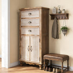 Rustic Tall Storage Cabinet - Distressed Solid Wood Frame Accent Cabinet with 3 Drawers & 2 Doors, Farmhouse Freestanding Floor Cabinet for Entryway, Living Room, Hallway