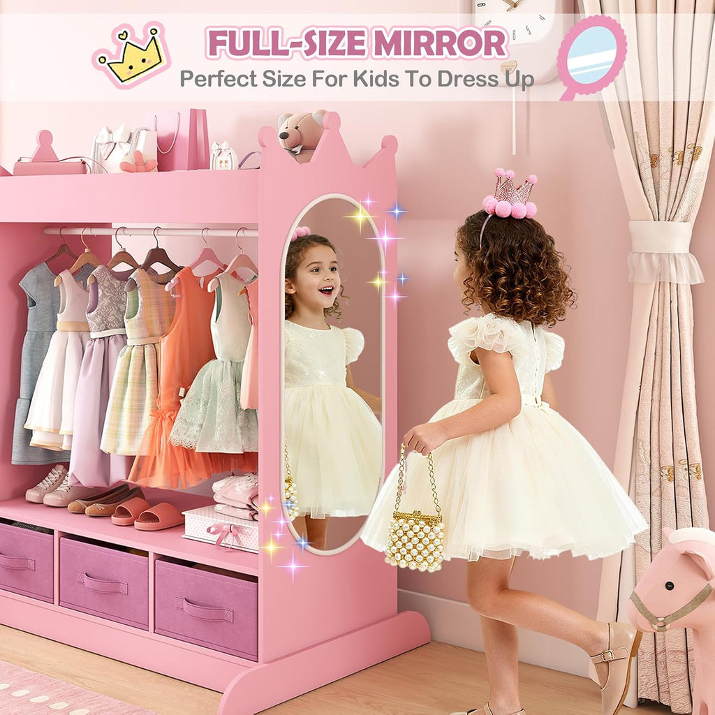 COSVALVE Kids Dress Up Storage with Mirror and Drawers, Kid Armoire Dresser, Pretend Storage Closet for Kids, Costume Wardrobe with Top Shelf for Playroom Bedroom, Lovely Pink