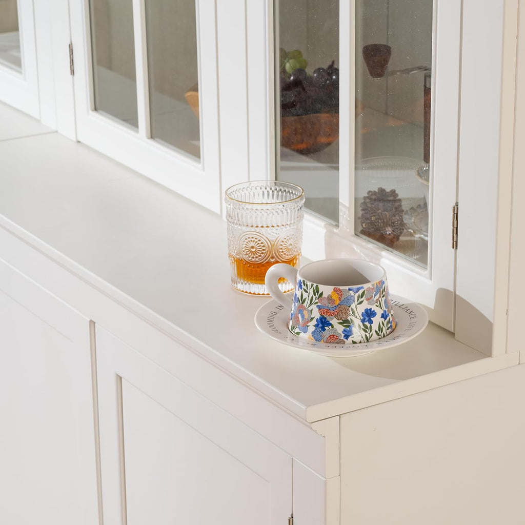 roomfitters Set of Two 75.25'' Pantry Cabinets with Glass Doors, Traditional Hutch Display Cabinet for Living Room and Kitchen, White