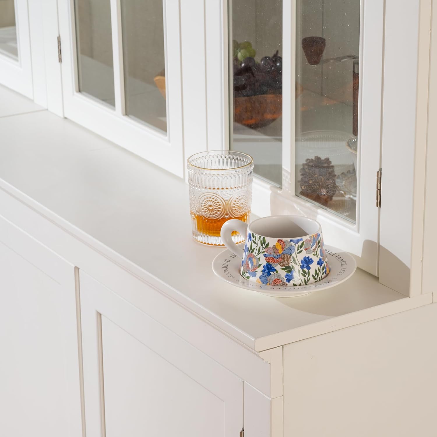 roomfitters Set of Two 75.25'' Pantry Cabinets with Glass Doors, Traditional Hutch Display Cabinet for Living Room and Kitchen, White