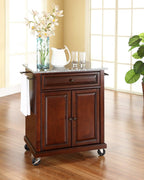 Crosley Furniture Compact Granite Top Small Rolling Cart with Shelves, Microwave Stand with Towel Rack, Mahogany
