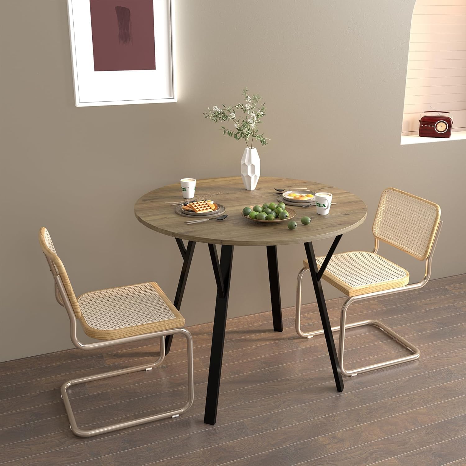 Round Dining Table with Metal Black Legs,35.43 Inch Circle Brown Kitchen Table Modern Dining Room Smal Table for 2-4 People (35.43'')