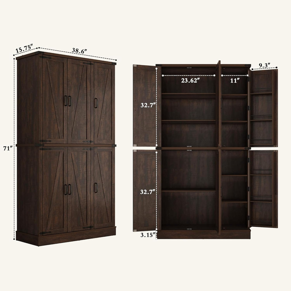 Hlivelood 71" Tall Kitchen Pantry,Farmhouse Storage Cabinet with Barn Doors,Organizer,Rustic Wood Cupboard,Farmhouse Pantry Cabinet for Kitchen,Dining Room,Living Room(Brown)