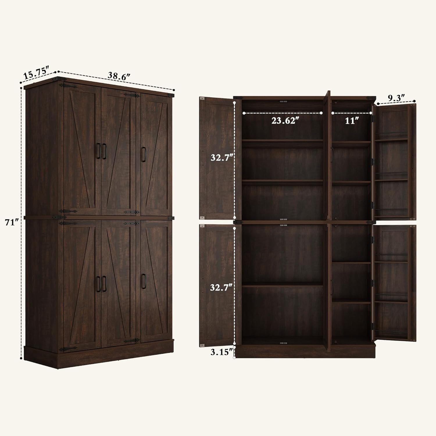 Hlivelood 71" Tall Kitchen Pantry,Farmhouse Storage Cabinet with Barn Doors,Organizer,Rustic Wood Cupboard,Farmhouse Pantry Cabinet for Kitchen,Dining Room,Living Room(Brown)