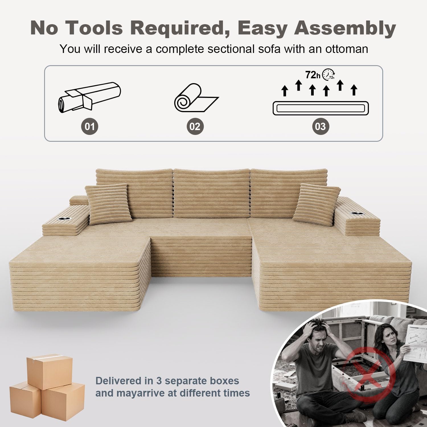 KCGKCG 106" Cloud Modular Sectional Couch with Ottoman, Modern U Shaped Corduroy Sofa, Higher 17.7" Seat Height, 32D Pure Foam, Built in Cup Holders, No Assembly Living Room(Camel, Left Facing Chaise)