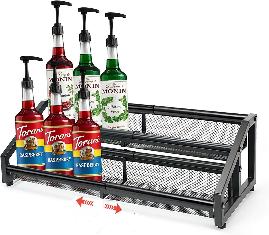 Expandable Coffee Syrup Organizer,3 in 1 Heavy Duty Syrup Rack, Liquor Bottle Display Shelf, Spice Racks,6-12 Syrup Bottles Holder Stand, Space-Saving Storage Rack - 2 Tier (Patent Pending)