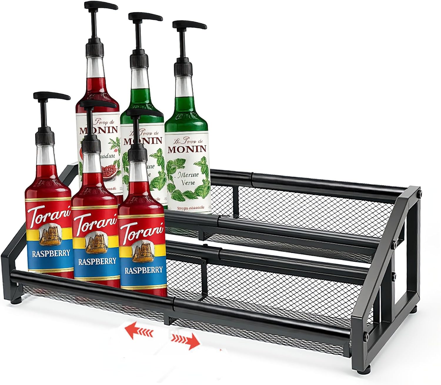Expandable Coffee Syrup Organizer,3 in 1 Heavy Duty Syrup Rack, Liquor Bottle Display Shelf, Spice Racks,6-12 Syrup Bottles Holder Stand, Space-Saving Storage Rack - 2 Tier (Patent Pending)