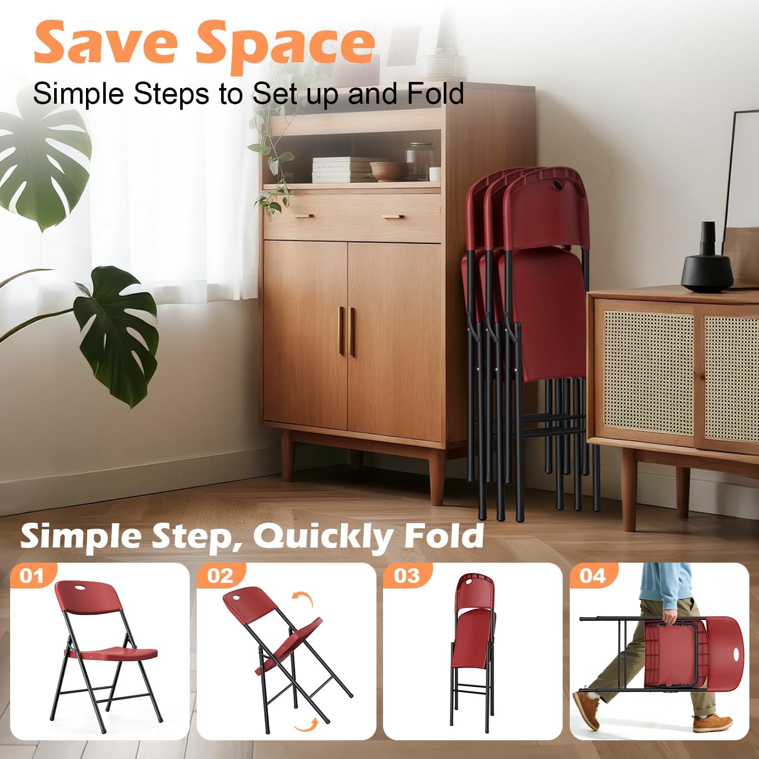VTOY Heavy Duty Folding Chairs, 450 lbs Capacity Stackable Plastic Chairs, Durable & Comfortable for Indoor Outdoor, Wedding, Party, Patio, Office (Red 2 Pack)