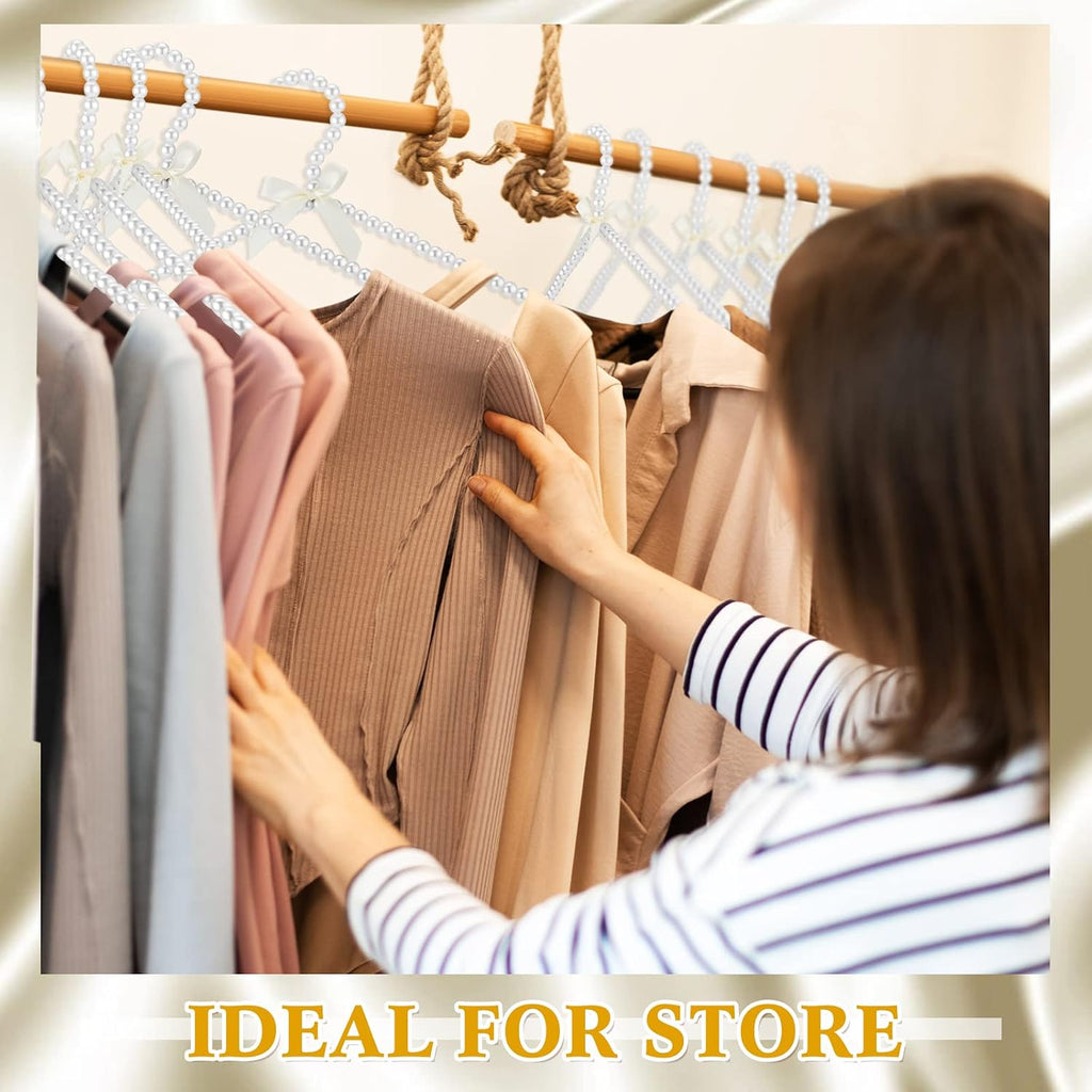Threan 2 Pcs 16 Inch Pearl Clothes Beaded Clothing Hanger with Ribbon Bowknot Metal Elegant Clothes Standard Hanger for Women Bride Wedding Dress Coat Shirt (White)