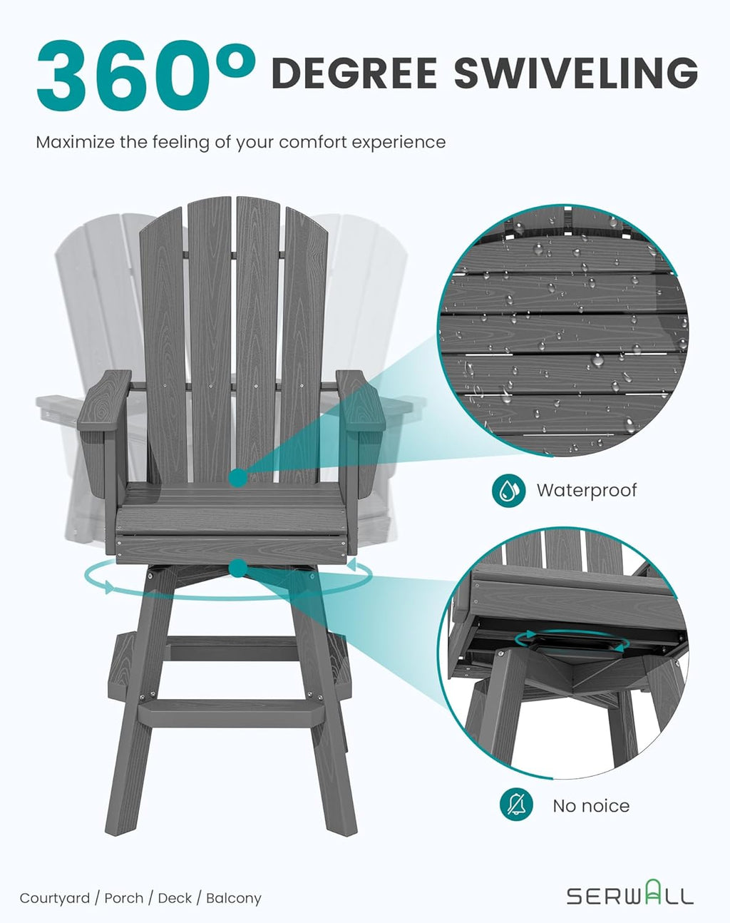 SERWALL Swivel Adirondack Barstools Set of 2, HDPE Outdoor Swivel Bar Chairs Set of 2 for Patio, Poolside, Garden, Grey