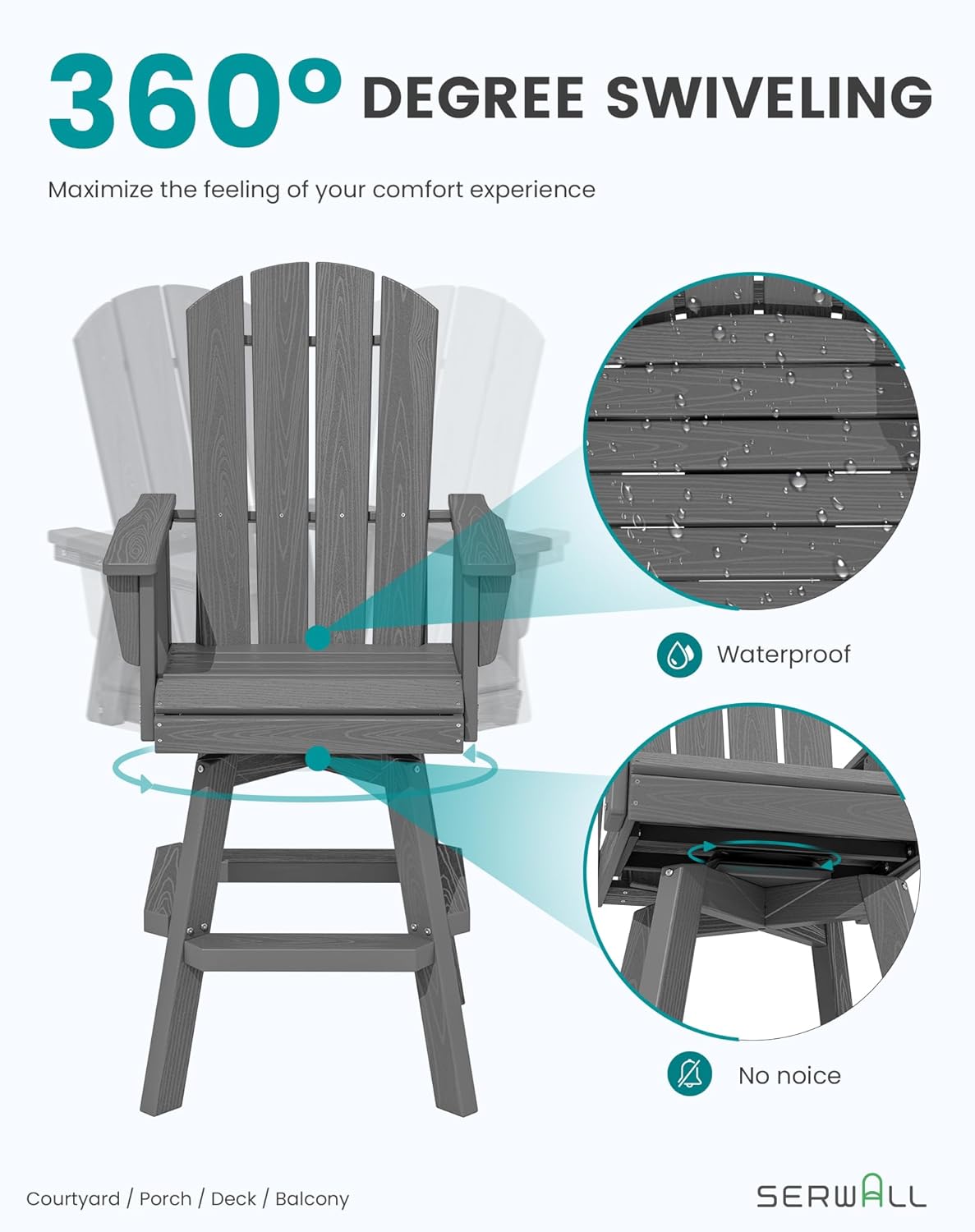 SERWALL Swivel Adirondack Barstools Set of 2, HDPE Outdoor Swivel Bar Chairs Set of 2 for Patio, Poolside, Garden, Grey