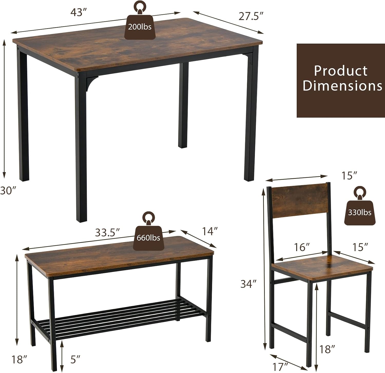 Giantex Dining Table Set for 4, Kitchen Table with Bench and Chairs, Industrial Gathering Bench Dining Set W/Metal Frame & Storage Rack, Dinette Set, Modern Functional Desk Set (Rustic Brown)