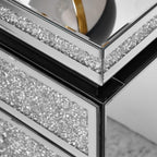 Modern Glam Glass Mirror Nightstand, Silver Bedside Table with Sparkling Crushed Diamond, 3-Drawer Luxury Mirrored Accent Table for Living Room, Bedroom, Fully Assembled