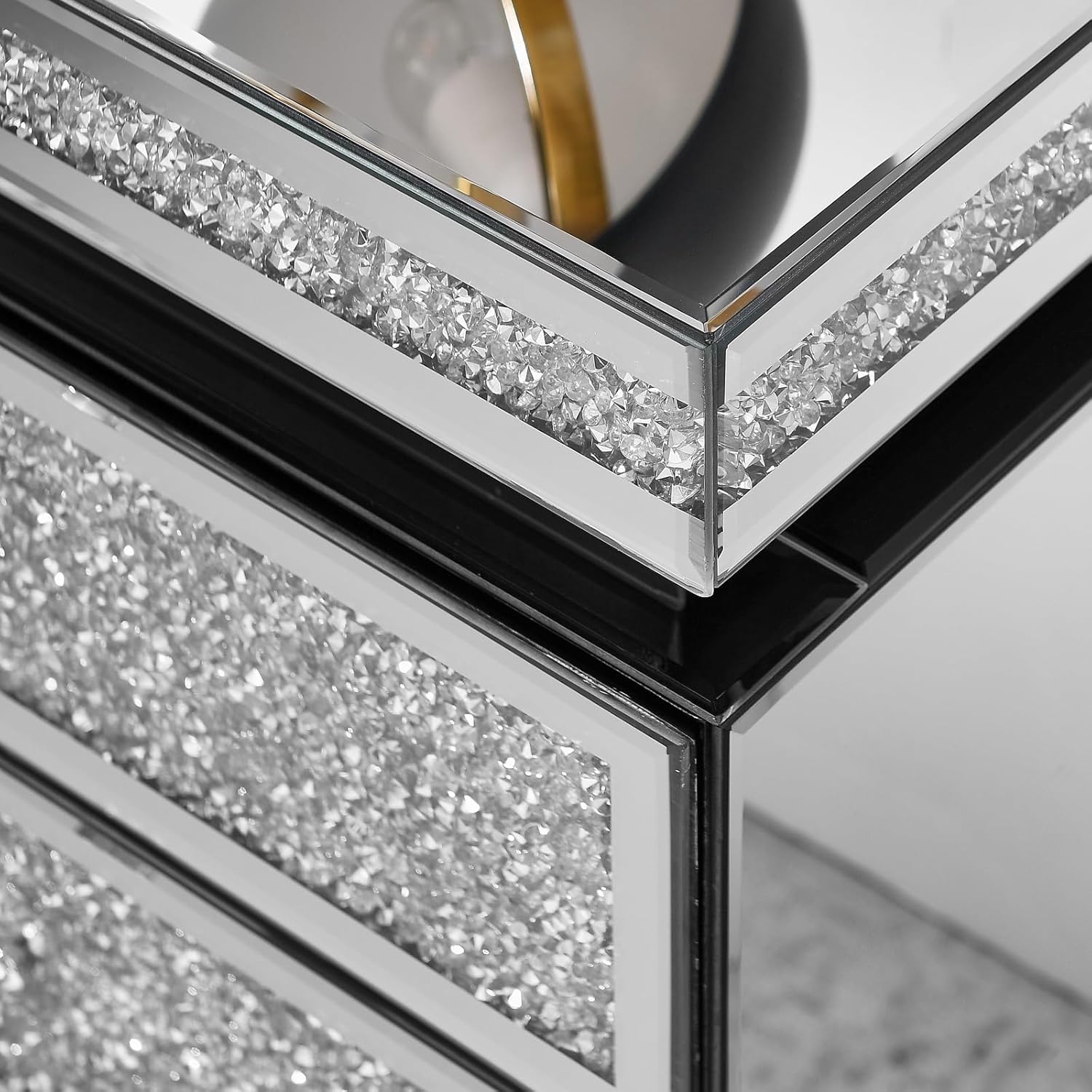 Modern Glam Glass Mirror Nightstand, Silver Bedside Table with Sparkling Crushed Diamond, 3-Drawer Luxury Mirrored Accent Table for Living Room, Bedroom, Fully Assembled