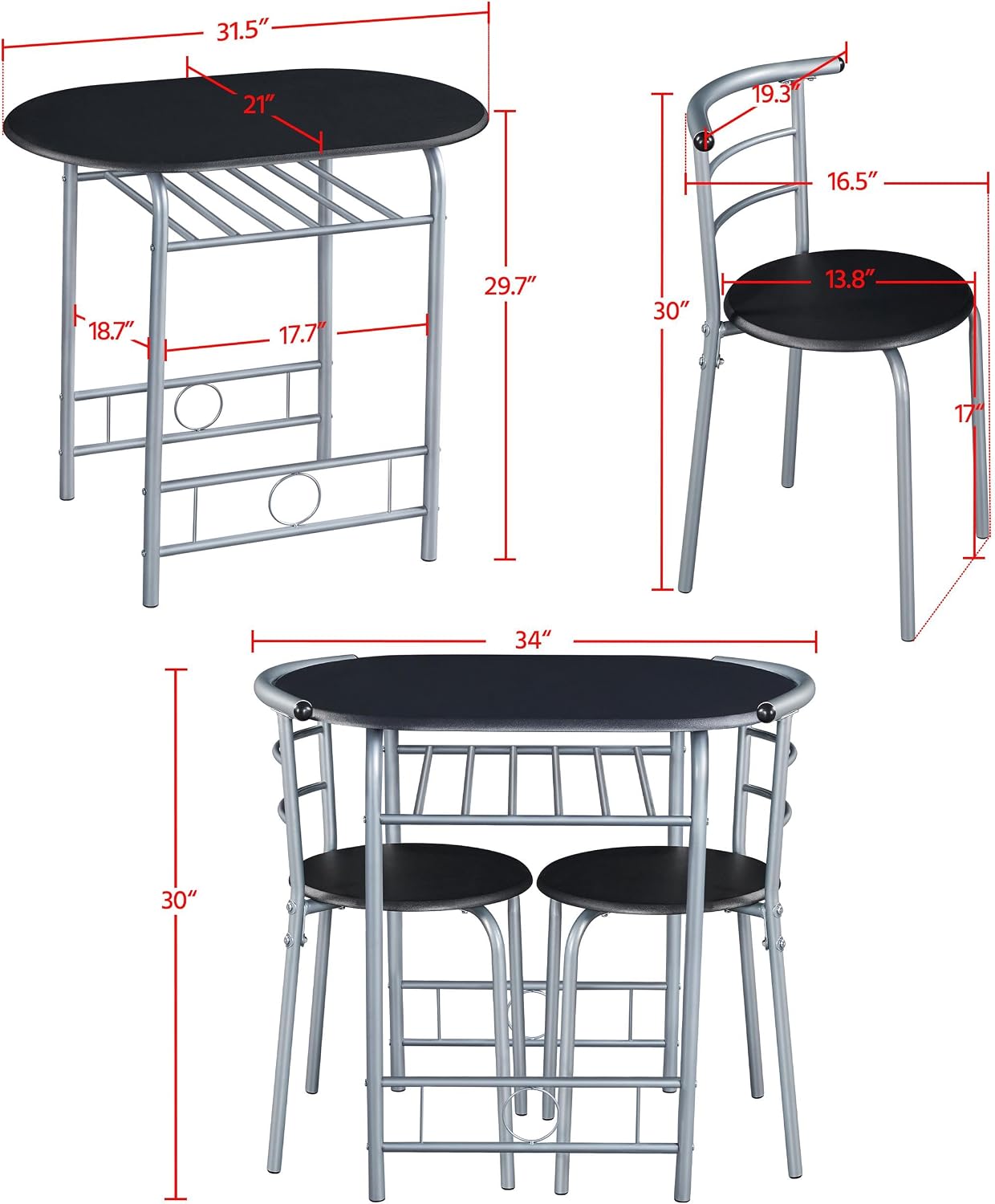 Yaheetech 3-Piece Dining Room Table Set, Kitchen Table & Chair Sets for 2, Compact Table Set w/Steel Legs, Built-in Wine Rack for Breakfast Nook, Small Space, Apartment, Black, 31.5x21x29" (LxWxH)