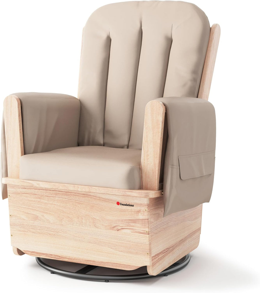 Foundations SafeRocker Glider Rocker with Steel Swivel - Baby Feeding and Rocking Chair for Nursery, Daycare Environment - Nursery Rocking Chairs with Wood Skirt Base - Tan Vinyl