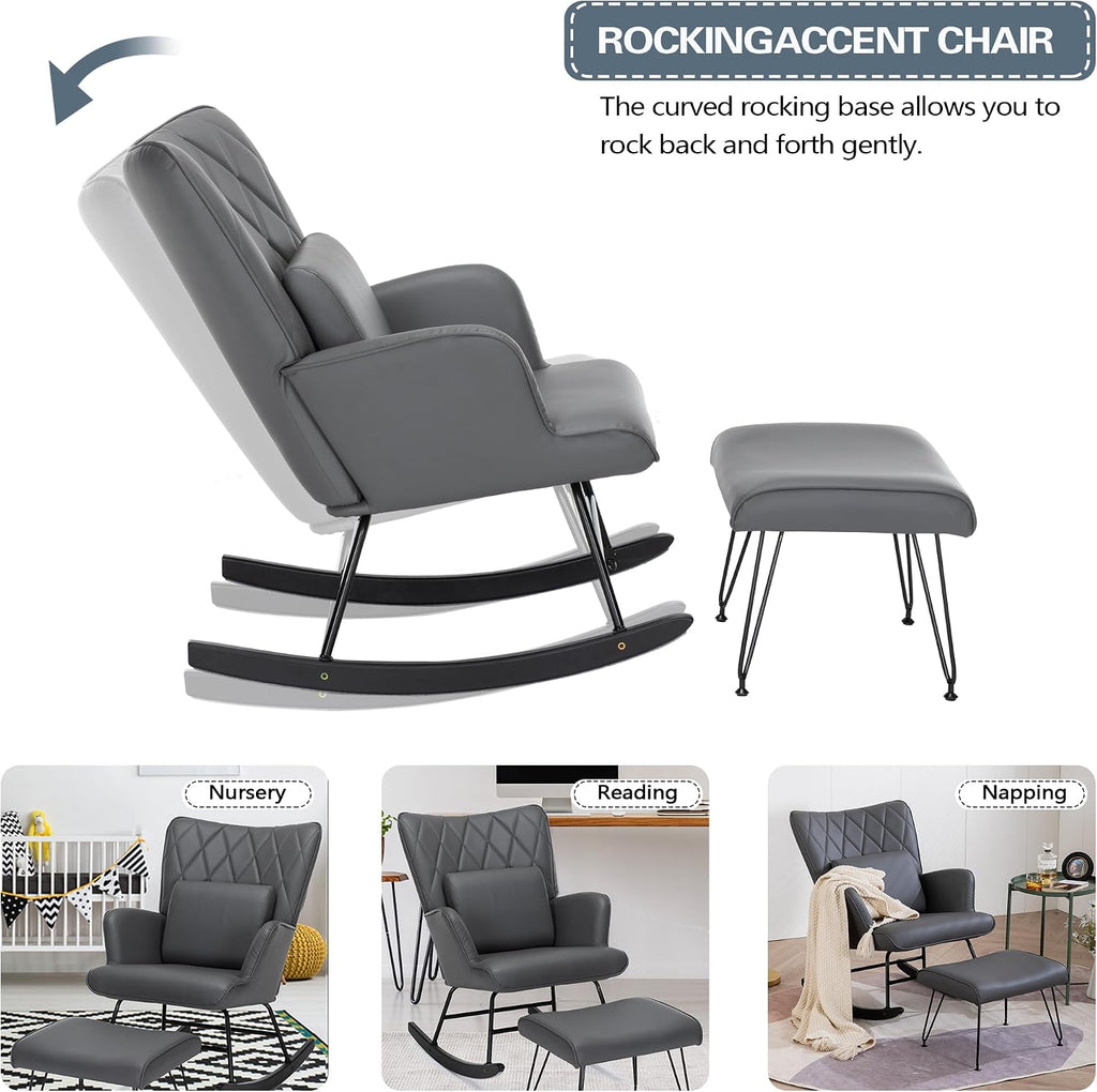 Bonrcea Nursery Rocking Chair, Glider Chair,Rocking Accent Chair with Lumbar Pillow and Ottoman for Nursery/Living Room/Bedroom