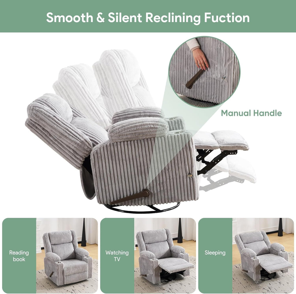 Manual Recliner Chair with Adjustable Headrest, Oversized Swivel Rocker Recliner for Adults with Arm Storage, Nursery Glider Recliner with Phone Stand and Side Pockets for Living Room, Light Grey