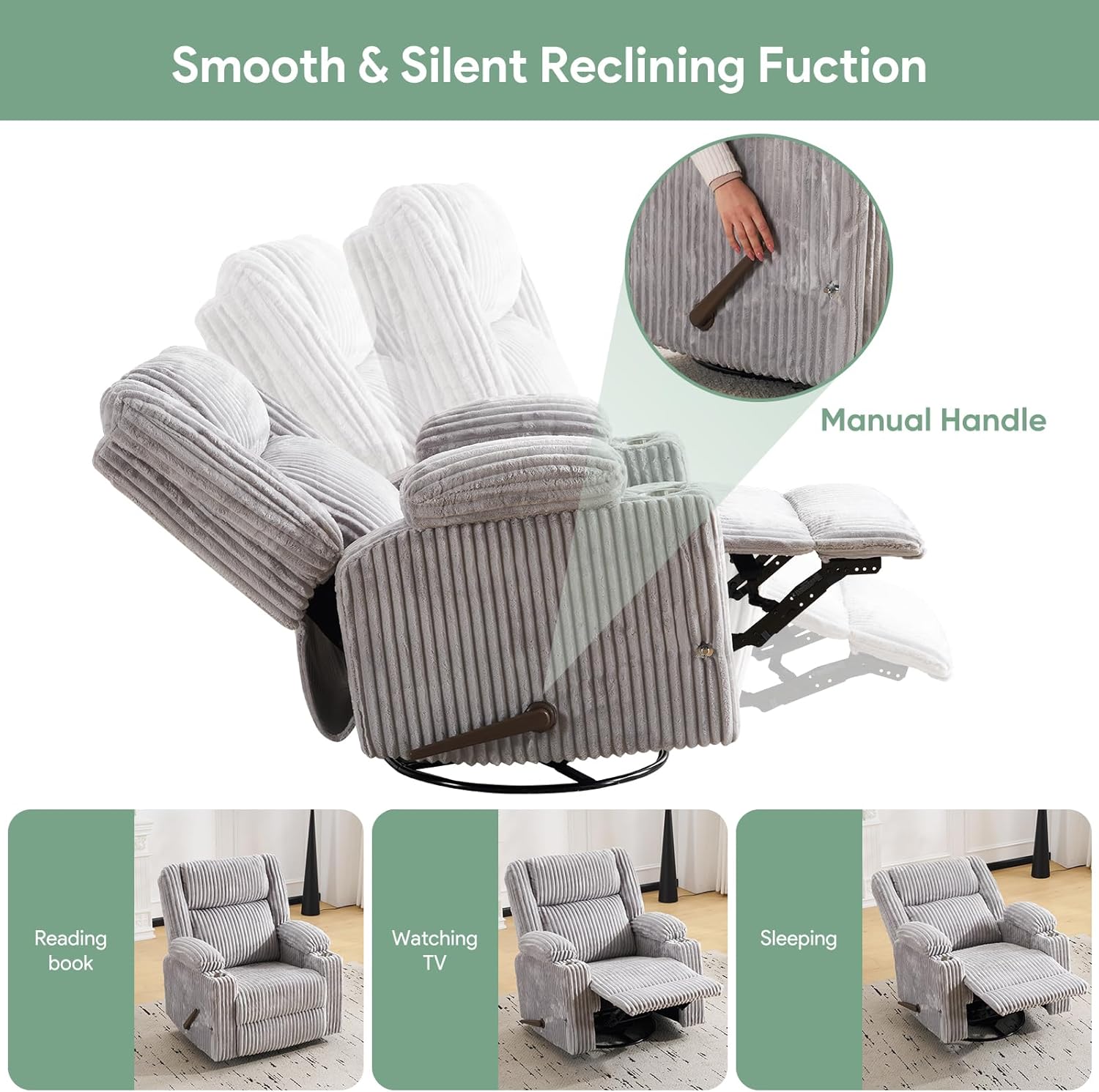 Manual Recliner Chair with Adjustable Headrest, Oversized Swivel Rocker Recliner for Adults with Arm Storage, Nursery Glider Recliner with Phone Stand and Side Pockets for Living Room, Light Grey