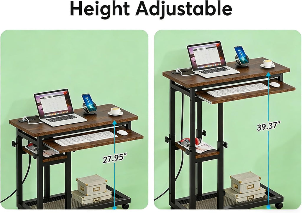 Side Table with Wheels, Mobile C Table,Narrow Desk,Convenient Charging Station
