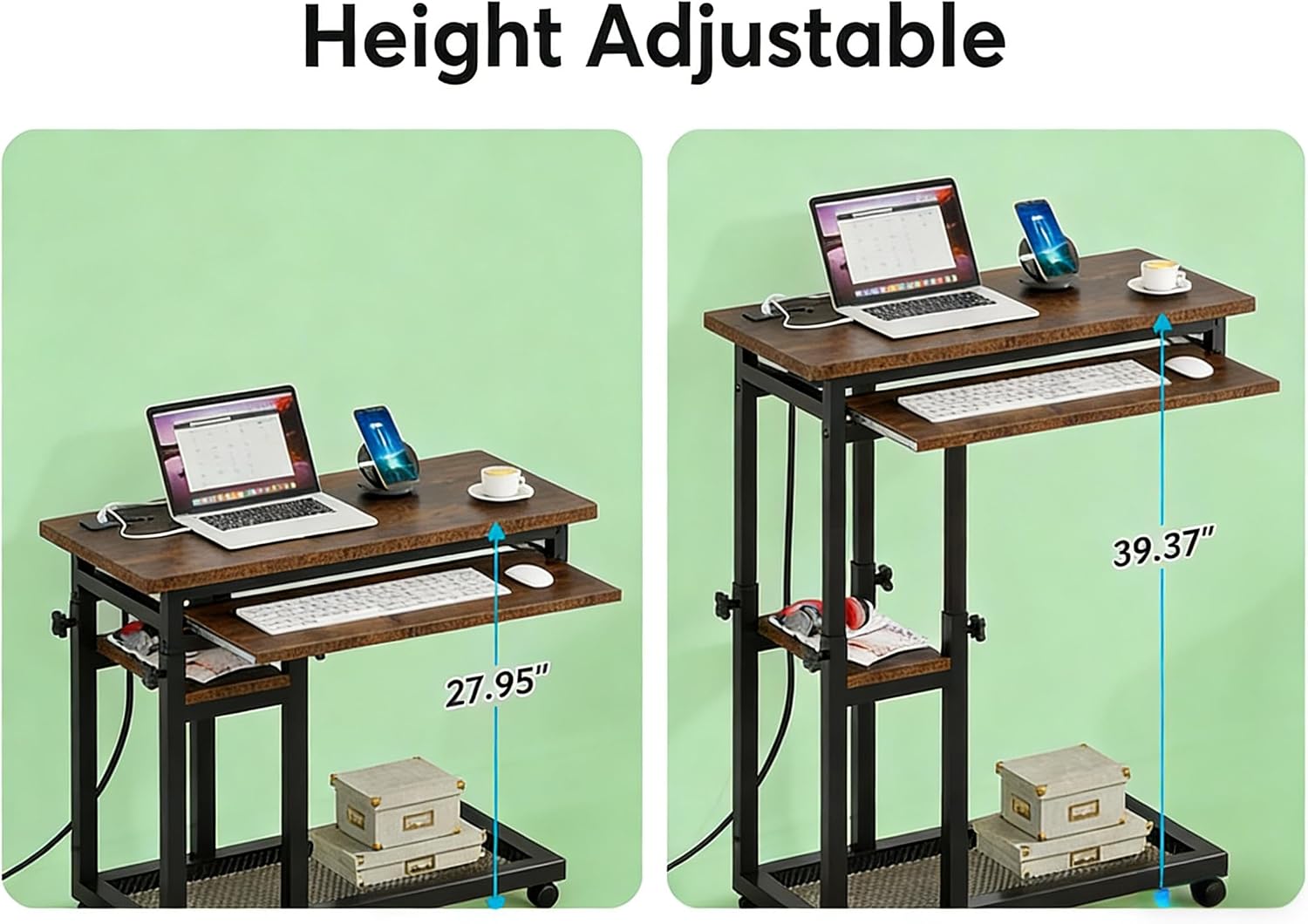 Side Table with Wheels, Mobile C Table,Narrow Desk,Convenient Charging Station