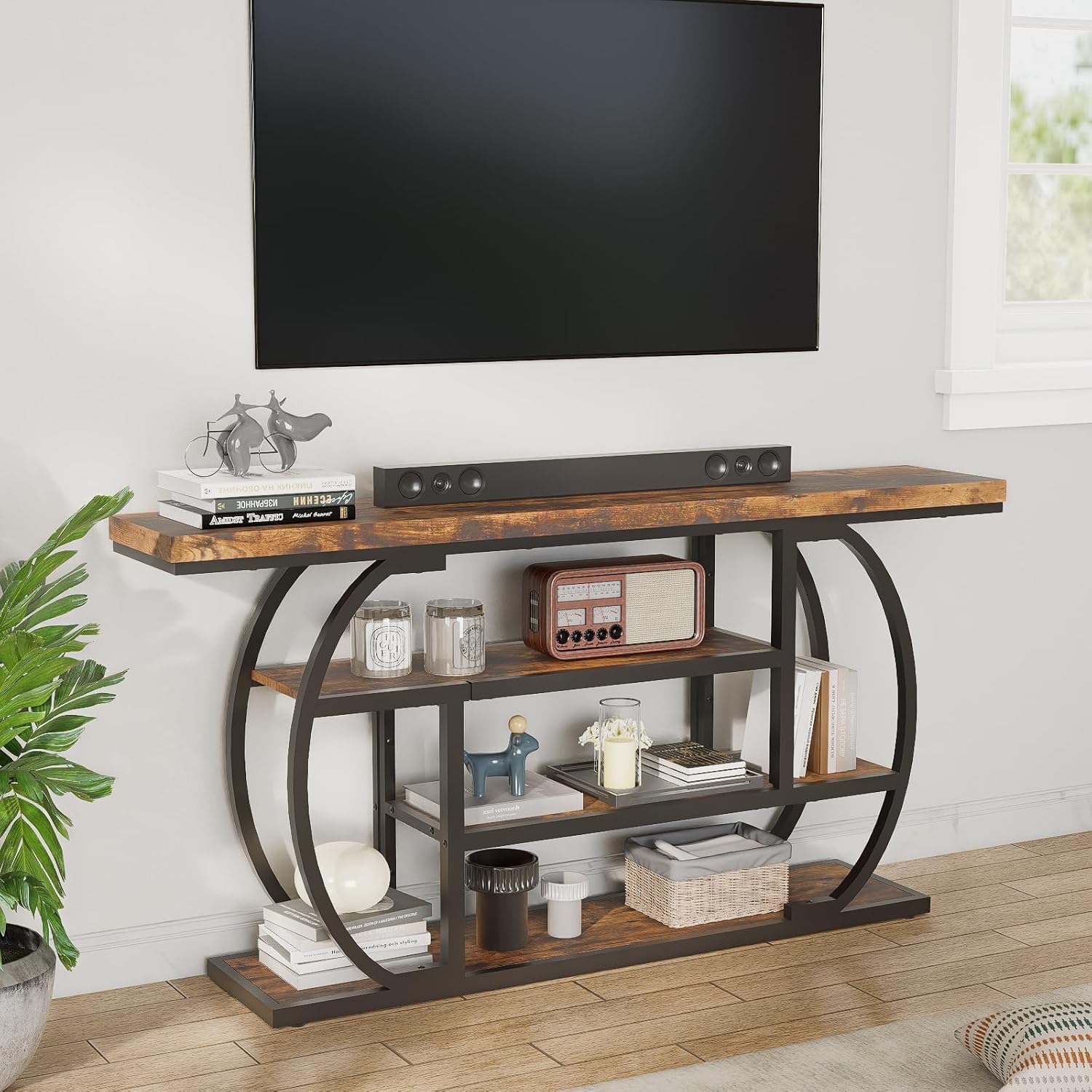 63" Narrow Console Table with Storage, 4-Tier Sofa Table Behind Couch, Industrial Entryway Accent Table with Metal Frame for Living Room, Hallway, Foyer