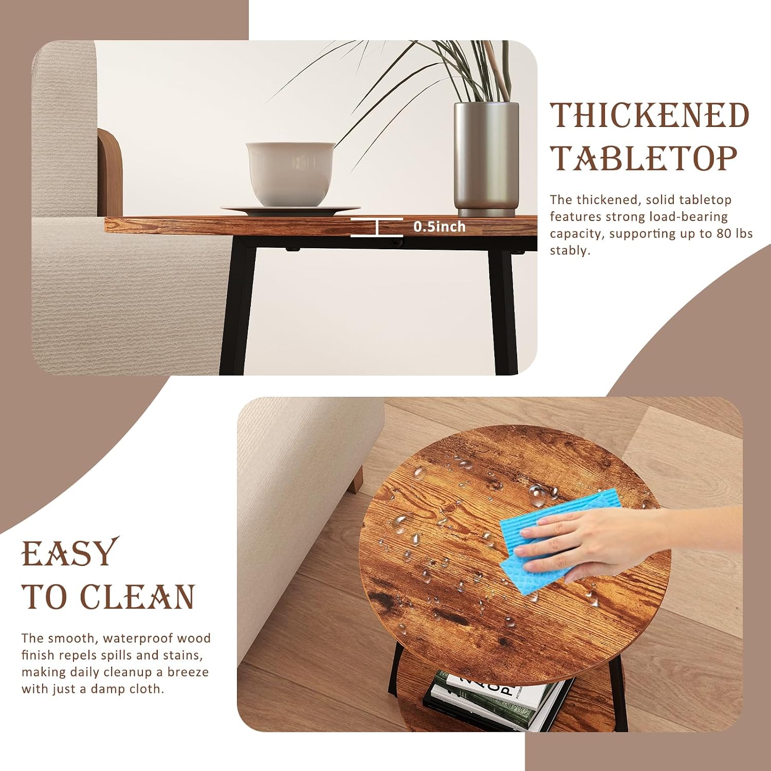 Round End Table - 23.6" H Side Table with Metal Frame, Industrial Accent Tables for Living Room Bedroom, Rustic Brown (2 Packs)