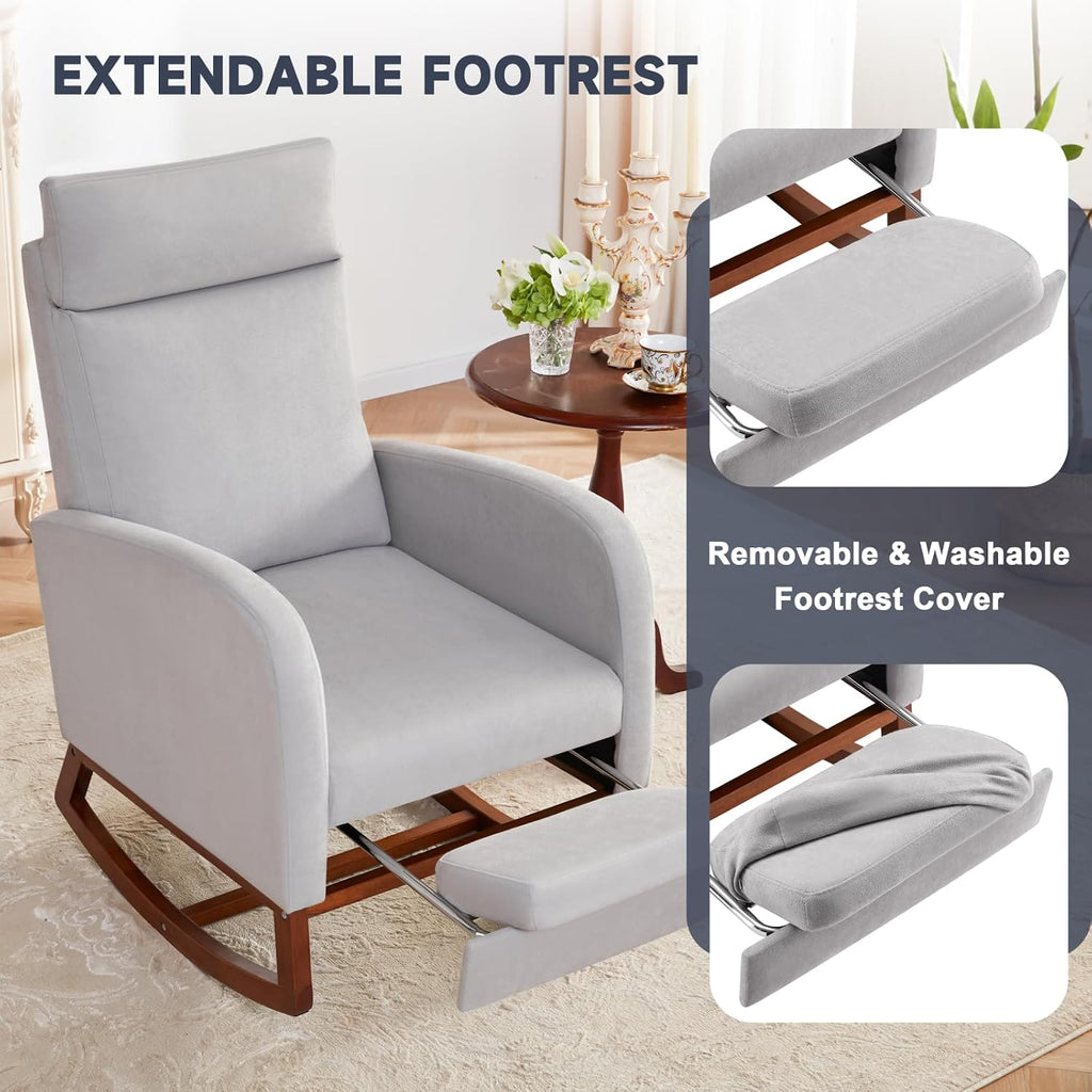 Rocking Chair Nursery High Back Glider Rocker Chair with Footrest Storage Pocket Accent Upholstered Rocker Armchair for Living Room Nursing Room Porch (Grey)