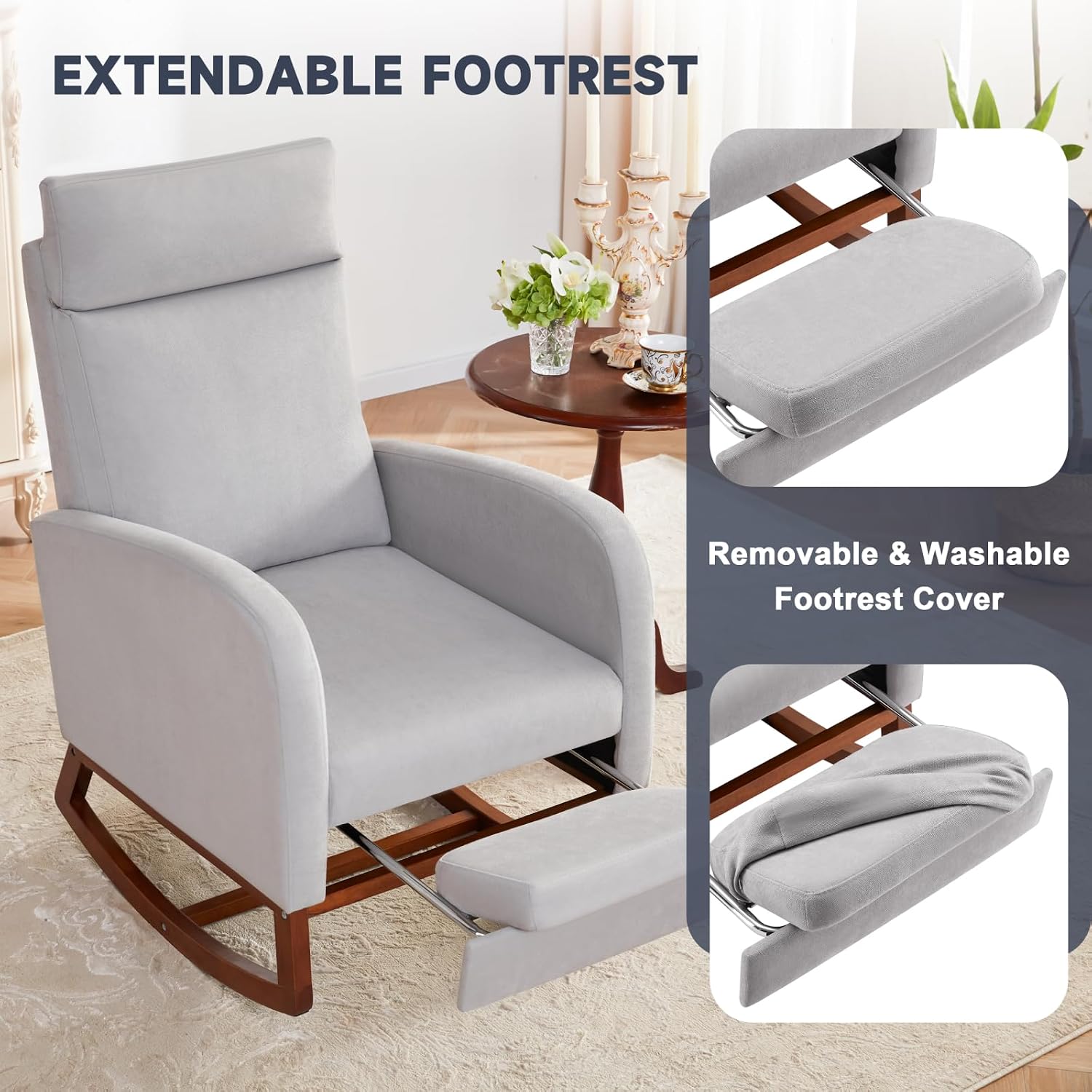Rocking Chair Nursery High Back Glider Rocker Chair with Footrest Storage Pocket Accent Upholstered Rocker Armchair for Living Room Nursing Room Porch (Grey)