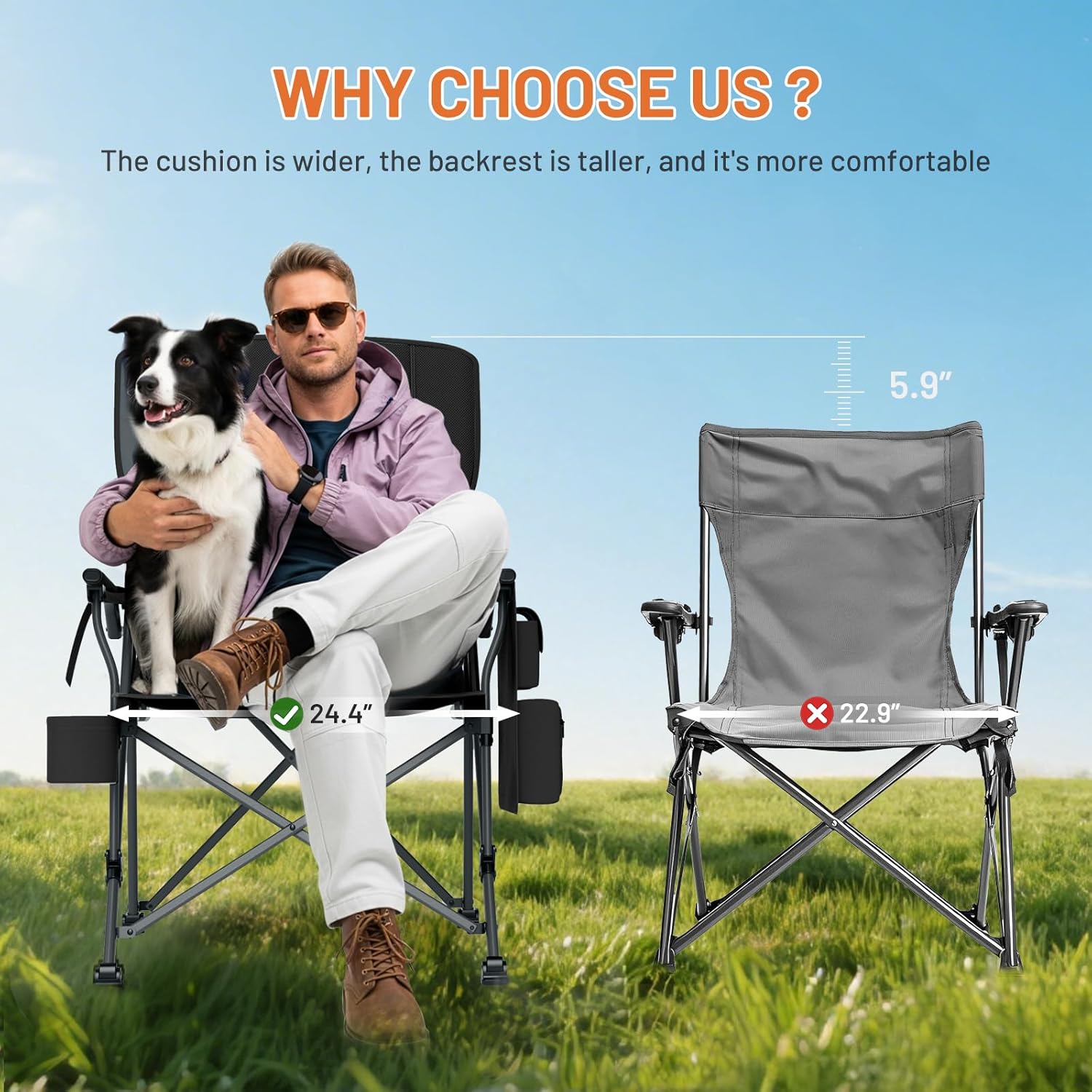 Timber Ridge Aluminum Oversized Camping Chair with Lumbar Support up to 500lbs, Heavy Duty Folding High Back Chair for Adults, Cup Holder, Cooler Bag, Side Pocket, 2 Pack