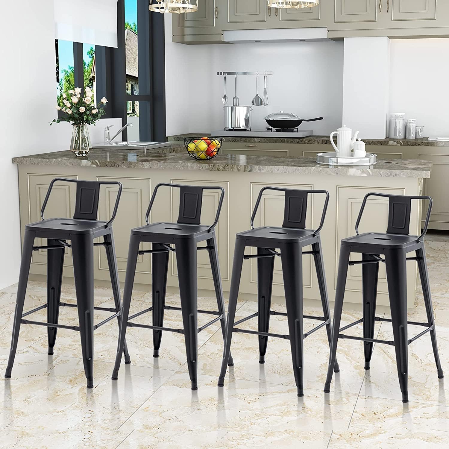 Aklaus 26" Metal Bar Stools with Backs Heavy Duty Bar Stools Counter Bar Height Stools Bar Chair Set of 4,26 Inches Outdoor Tall barStools for Kitchen Counter Matte Black