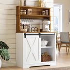 Farmhouse Coffee Bar with Hutch, 55 Inch White Coffee Bar Cabinet Storage with LED Light and Sliding Barn Door, Buffet Cabinet with 6 Hooks, Adjustable Shelves for Living Dining Room