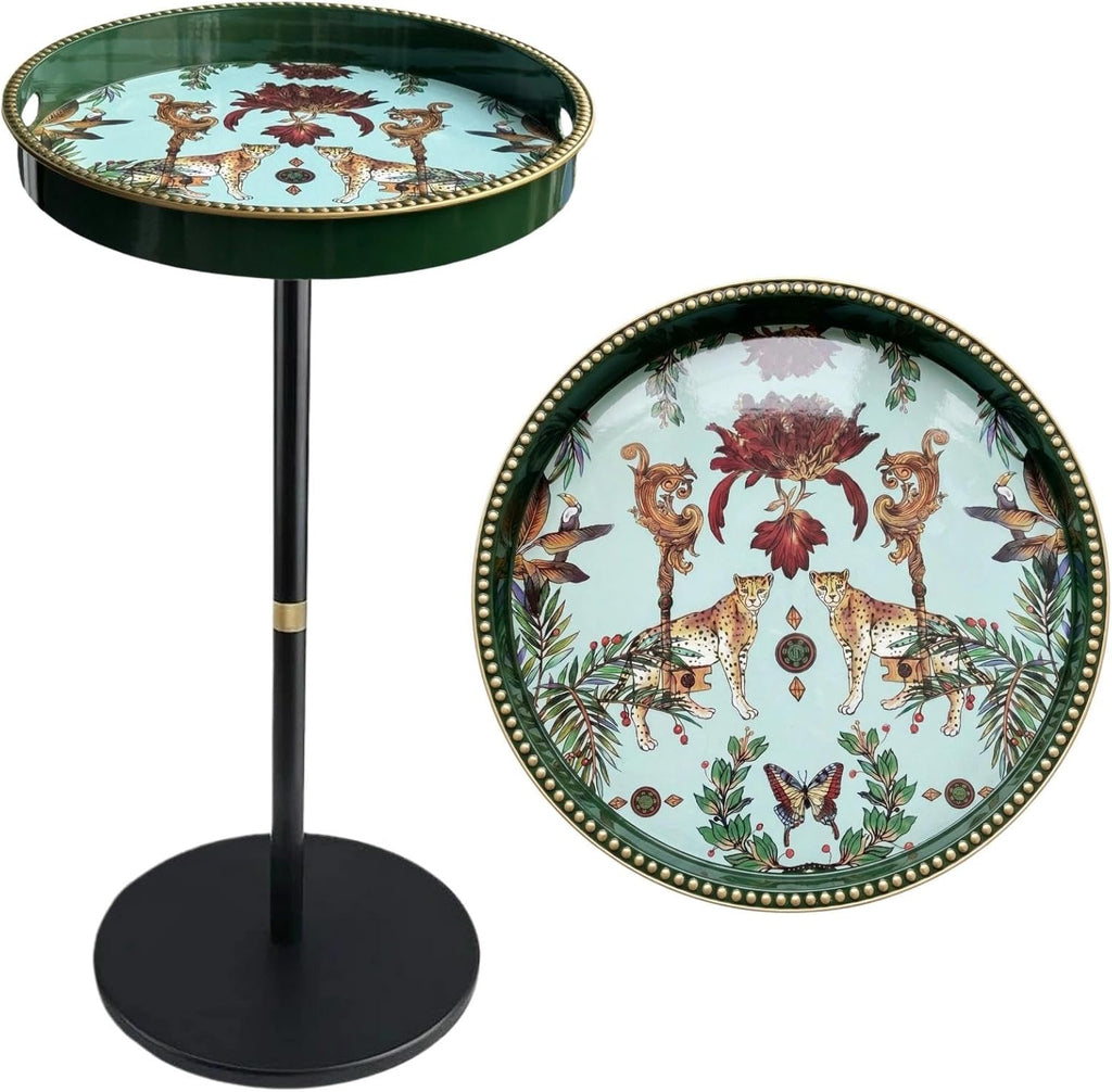 Gesodant Boho Single Leg Round Side Table with Tray Top, Pedestal Drink Table for Small Spaces, Aesthetic Accent Nightstand for Living Room, Bedroom, Corners, and Office (Green Leopard)