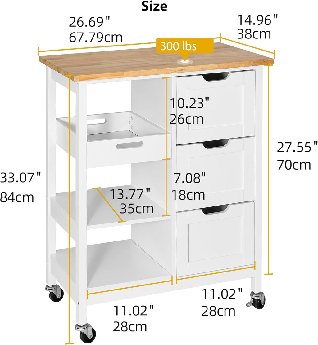 DWVO Solid Wood Top Rolling Kitchen Island Cart, 3 Tier Mobile Kitchen Storage Island Cart with 3 Drawers and 3 Opening Storage Shelves for Kitchen & Dining Area, White